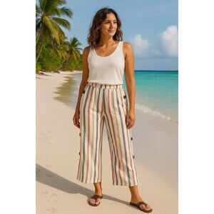 Marc New York Women’s Small Striped Linen‎ Blend Crop Beach Vacation Pants